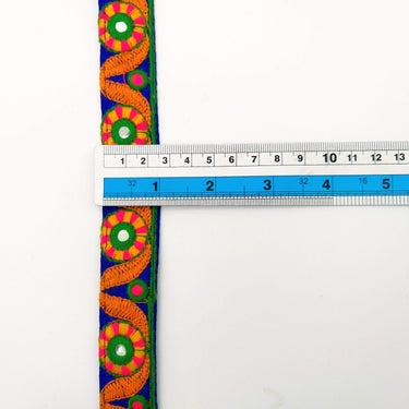 Royal Blue Mirrored Fabric Trim With Orange, Yellow, Green And Pink Embroidery